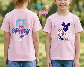 Aangepaste kinderverjaardag superheld Spider Tee, gepersonaliseerde Ghost Spider Comics Tee, leeftijdsnaam Spider thema shirt, zijn geweldige vrienden kindershirt