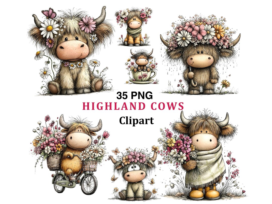 Highland Cow Clipart PNG Bundle – Cute Baby Cow With Flowers, Whimsical ...