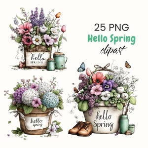 May include: A collection of watercolour clipart featuring spring floral arrangements in baskets and pots. The image includes the text "Hello Spring" and "25 PNG". The flowers are in shades of pink, purple, white, and blue.