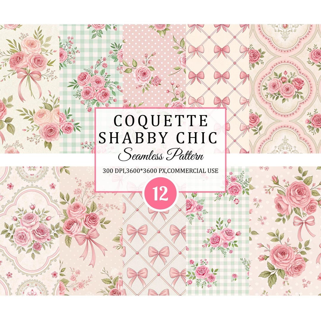 Pink Coquette Shabby Chic Seamless Pattern Bundle,pastel Floral Bow ...