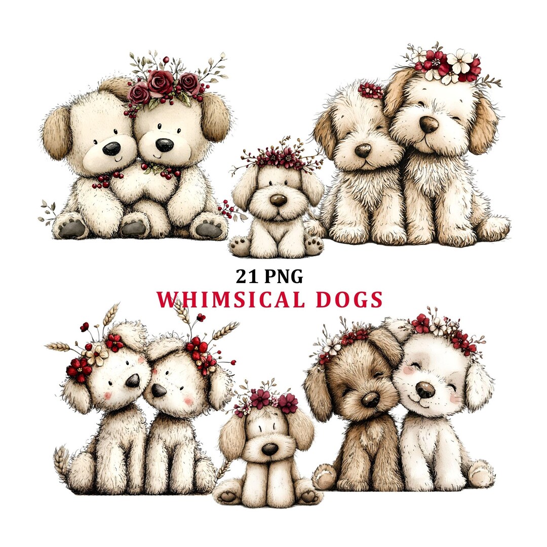 Whimsical Dog Clipart Bundle PNG, Cute Puppy Floral Watercolor Dogs ...