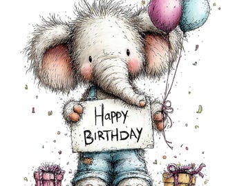 Elephant Birthday Balloon & Cake Party Animal Clipart,Kids Birthday Design Set:Cartoon Graphics (Digital Download - 24 PNGs)