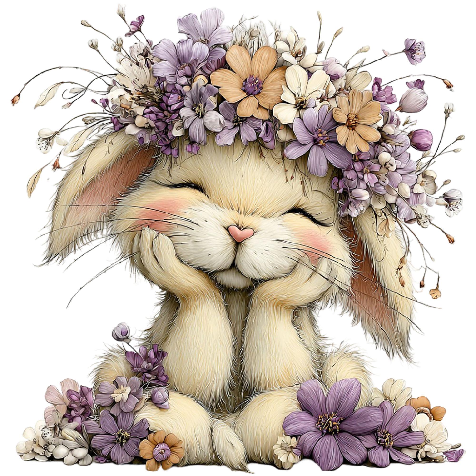 Whimsical Floral Bunny Clipart PNG Bundle,cute Rabbit With Flower Crown ...