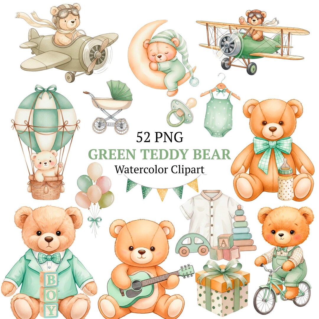 Watercolor Green Teddy Bear Clipart PNG Bundle, Nursery Teddy Graphic ...