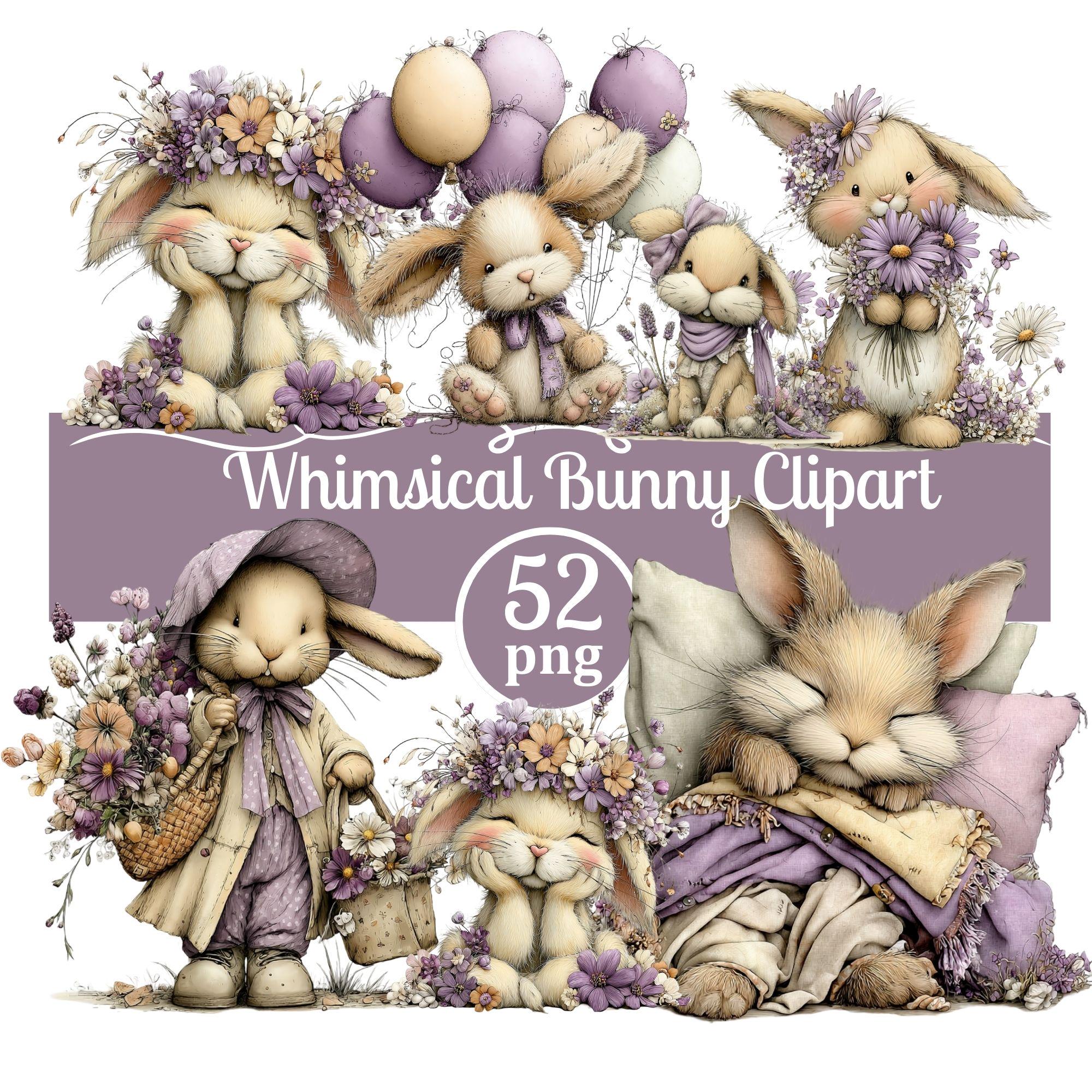 Whimsical Floral Bunny Clipart PNG Bundle,cute Rabbit With Flower Crown ...