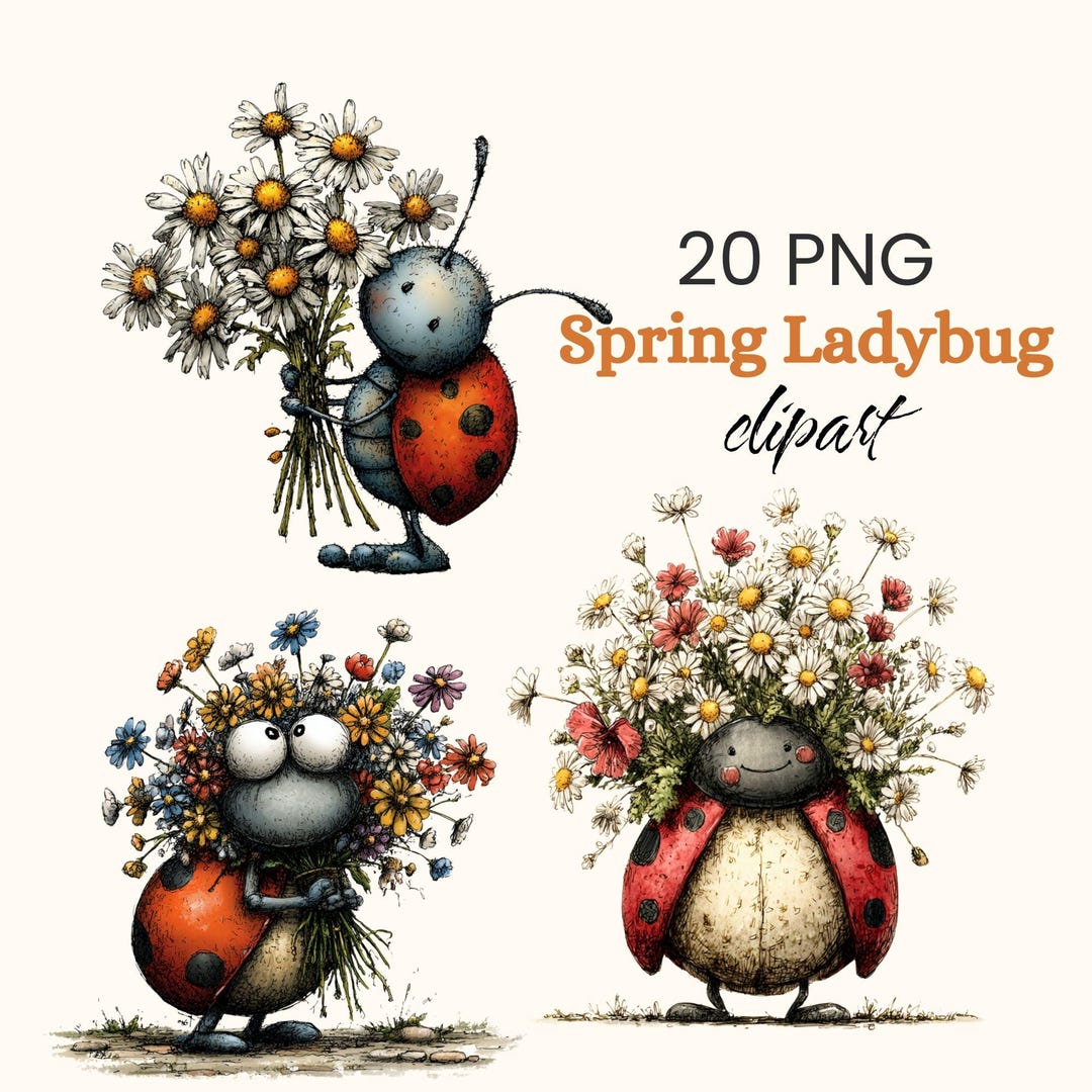 Ladybug Clipart,cute Spring Bugs With Flowers, Quirky Kids Graphics ...