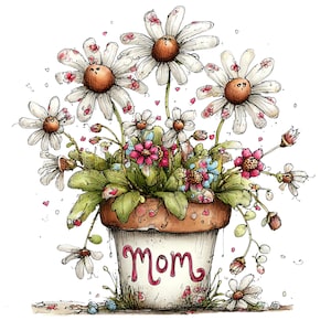 Può includere: Un'illustrazione stravagante di un vaso di fiori traboccante di margherite e altri fiori colorati. Il vaso è bianco con la scritta "Mom" in rosa. Le margherite hanno petali bianchi con accenti rosa e centri marroni.