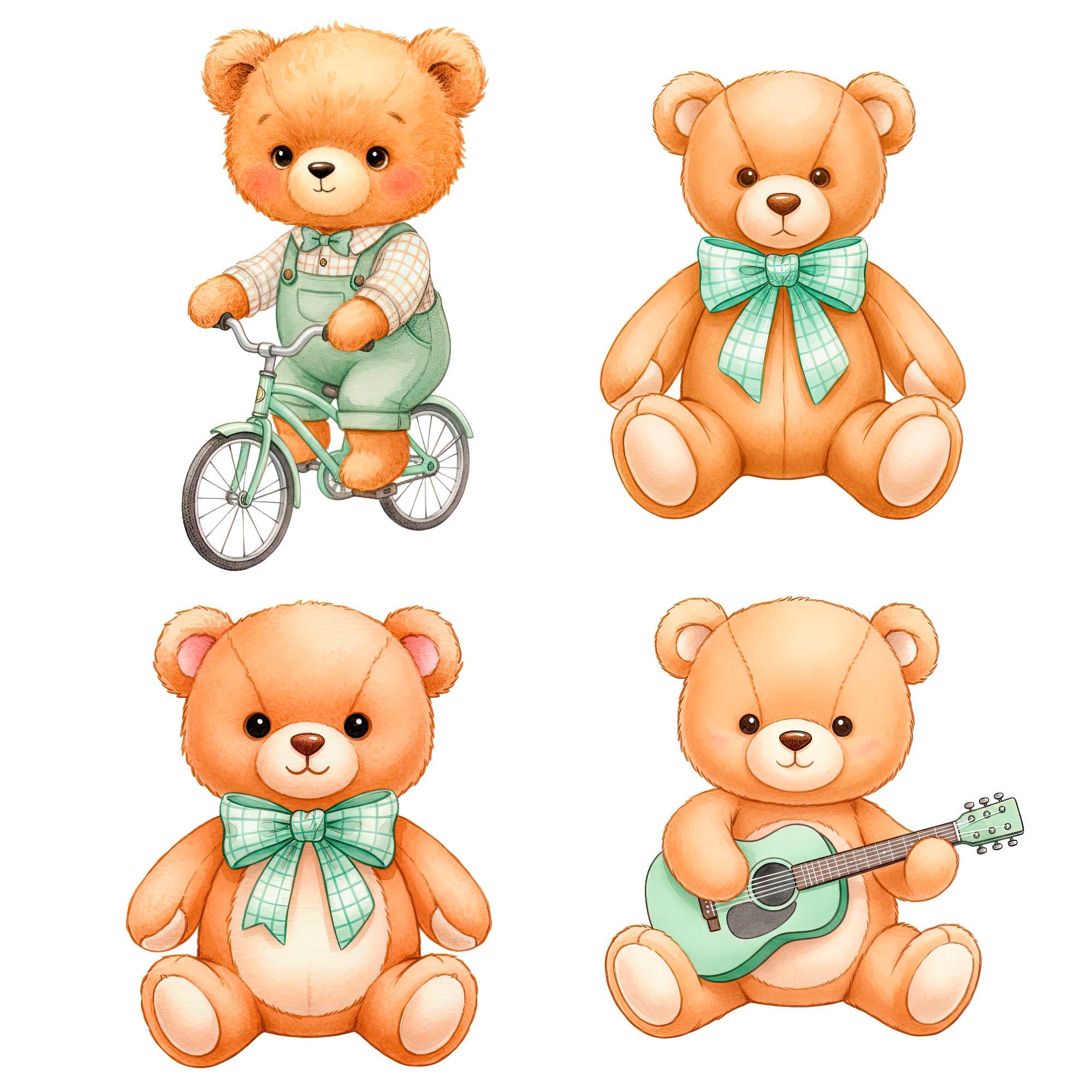 Watercolor Green Teddy Bear Clipart PNG Bundle, Nursery Teddy Graphic ...