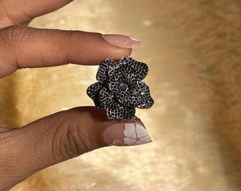 Förlovningsring med svart moissanitdiamant, ring i sterlingsilver, statementring, ring med svart blommönster i gul ros, jubileumspresent