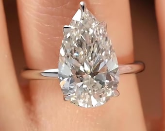 Pear Cut Solitaire Engagement Ring, 3.00 CT Moissanite Diamond Hidden Halo on Plain Band, Solid Gold Promise Ring for Women, Bridal Jewelry