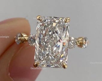 4.00 CT Radiant Cut Lab Grown Engagement Ring, Elongated Crushed Ice Wedding Ring, 14K Yellow Gold Promise Ring Round Cluster Band Ring