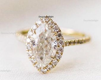 Marquise Cut Vintage Engagement Ring, 14k Yellow Gold Ring, Moissanite Marquise Halo Wedding Ring, Delicate Pave Band Promise Ring for Women