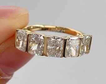 1,30 karat strålande moissanit diamantvigselring diamantstångsinfattning massivt guldring halv evighetsdiamantring för kvinnor 5 stenars löfte ring