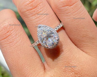 Pear Shaped Lab Grown Diamond Engagement Ring, Teardrop Halo Wedding Ring, Pavé Lab Diamonds Bridal Ring Set, Promise Rings for Her