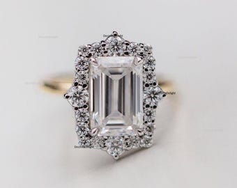 Vintage förlovningsring, 3,50 ct smaragdslipad moissanit diamantring Art Deco Halo vigselring i massivt guld Klusterring Unik vigselring