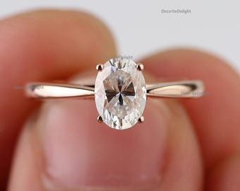 Oval Moissanite Engagement Ring, 14K Rose Gold Solitaire Ring, Classic Wedding Band, Minimalist Promise Rings, Four Prong Anniversary Rings