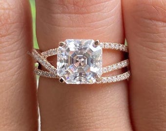 Asscher Cut Engagement Ring, Rose Gold Crossover Band, Split Shank Pave Ring, Criss Cross Diamond Rings, Anniversary Gift for Her