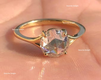 Rose Cut Moissanite Engagement Ring Solitaire Rose Diamond Ring 14K Yellow Gold Promise Rings