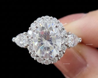 Förlovningsring med oval slipning av diamanter, Rund vigselring med halo, Ring med päronkant, Ring i massivt guld för kvinnor, Vintage oval vigselring, Ringar