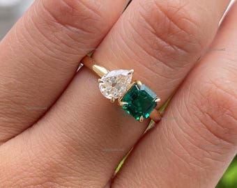 Toi et Moi Ring, Asscher & Pear Diamond Two Stone Engagement Ring, Solid Yellow Gold Promise Ring, You and Me Rings, two souls uniting