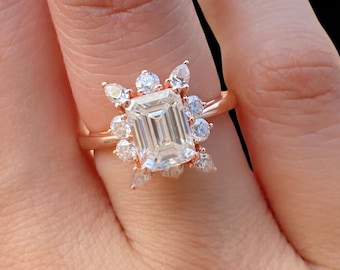 Smaragdslipad Moissanitförlovningsring i roséguld, Vintage Starburst Halo-diamantring, Unik vigselring för henne, Art Deco-löftesring
