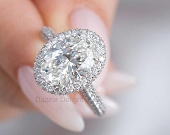 3,00 karat massivt guld Halo förlovningsring Dold Halo katedraldiamant infattad paved diamantring i vitt guld Bröllopssmycken Löftesring för henne