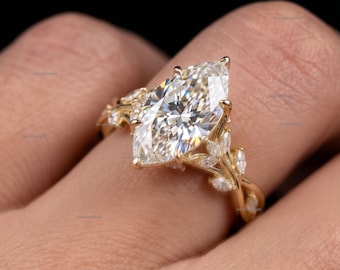 Marquise-slipad moissanitring i massiva guldringar, vriden vinbladsring i art déco-stil, vintagering