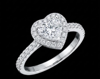 Förlovningsring med hjärtslipad diamant, Halo-löftesring till julklapp för henne, Unik romantisk årsdagsring, Delikata vigselringar med pavé