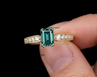 Emerald Cut Green Gemstone Ring, Solid Gold Engagement Ring, Pave Style Statement Ring, Minimalist Gold Ring with Diamond Accents, Rings