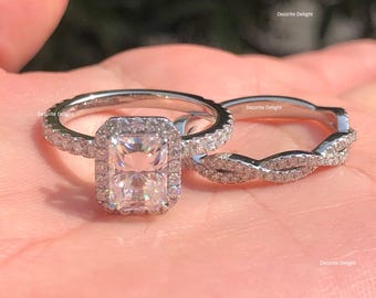 Radiant Cut Halo Engagement Ring Set Twist 14k Gold Bridal Matching Band