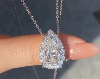 3 CT päronformat moissanit förlovningshalsband, 14K guldklusterhänge, Elegant guldhalsband, Bröllopshalsbandhänge för kvinnor, Halsband