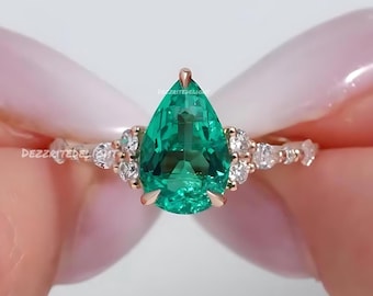 Päronförlovningsring i vintage-stil, droppformade gröna ädelstensringar, vigselring i massivt guld med kluster, unik marquise-diamantring för henne