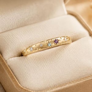 Aquamarine Alexandrite Diamond Ring, Gold Celestial Wedding Band, Dainty Birthstone Ring, Stacking Promise Ring for Women