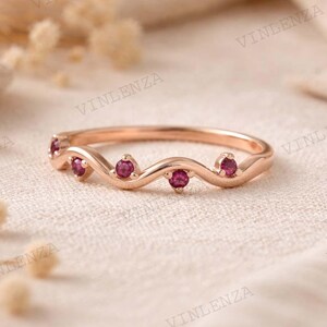 Ruby Curved Band Ring, Wave Wedding Band, Stackable Ruby Ring, Chevron Ring Gold, July Birthstone Ring, Anniversary Promise Gift for Her