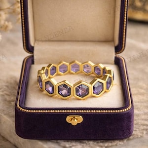 Zeshoek geslepen paarse amethist Eternity-ring, verlovings- en huwelijkssieraden, stapelbare voorstelring, minimalistische sieraden, geboortesteen februari