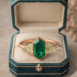 Hexagon Cut Emerald & Pear Peridot Ring, Stackable Engagement Ring, Anniversary Jewelry, August Birthstone, Proposal Ring, Dainty Jewelry