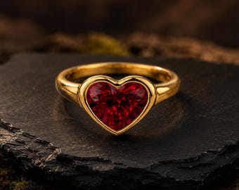 Garnet Ring, Heart Gemstone Garnet, Unique Red Garnet Ring, Silver Bezel Heart Setting, Dainty Engagement Ring, Unique, Unusual Gift