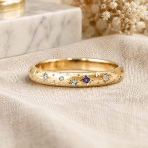 Bague en aigue-marine et alexandrite avec diamant, alliance céleste en or, bague délicate avec pierre de naissance, bague de promesse empilable pour femme