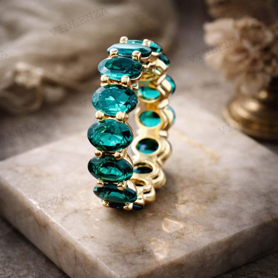 14K Yellow Gold Emerald Eternity Band, Oval Emerald Wedding Ring, Full ...