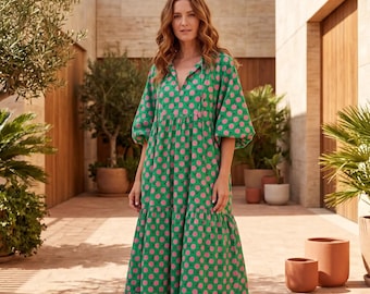 Vestido de verano estilo bohemio vintage para mujer / Elegante vestido holgado de manga corta con escote en V