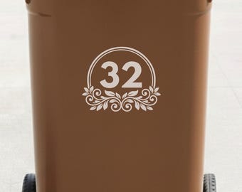Pegatina personalizada para cubo de basura con ruedas – Vinilo decorativo con número de casa y diseño floral, etiqueta personalizada para contenedores de basura exteriores.