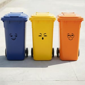 Puede incluir: Tres contenedores de basura de colores: azul, amarillo y naranja. Cada uno tiene una tapa y dos ruedas. El contenedor azul tiene una cara sonriente, el amarillo tiene una cara de sorpresa y el naranja tiene una cara astuta.