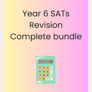 Op de afbeelding: Digitale afbeelding van een document getiteld "Year 6 SATs Revision Complete bundle". De afbeelding bevat een rekenmachine-afbeelding en tekst. Het document is ontworpen voor kindvriendelijke revisie.