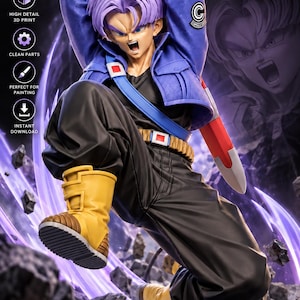 May include: A 3D printed figurine of a character with purple hair, wearing a blue jacket with a Capsule Corp logo, a black shirt, black pants, and yellow boots. The character is in a dynamic pose, holding a sword over their shoulder.