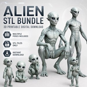 Puede incluir: Un paquete de descarga digital de figuras alienígenas imprimibles en 3D con el texto ALIEN STL BUNDLE, 3D PRINTABLE DIGITAL DOWNLOAD, MULTIPLE POSES INCLUDED, STL FILES ONLY e INSTANT DOWNLOAD. La imagen muestra cinco personajes alienígenas grises.