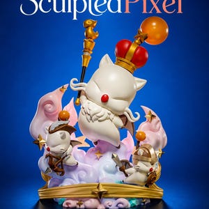 May include: A multi-character figurine set featuring three white, cat-like creatures with red noses and wings. The central figure wears a red crown and holds a staff with an orange orb. The base is decorated with pink and blue clouds and gold stars.