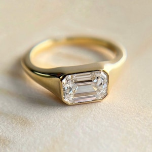 3 Carat Emerald Cut East West Ring, Modern Bezelset Engagement Ring, Lab Grown Diamond, Moissanite Signet Ring, Minimalist Gold Promise Ring