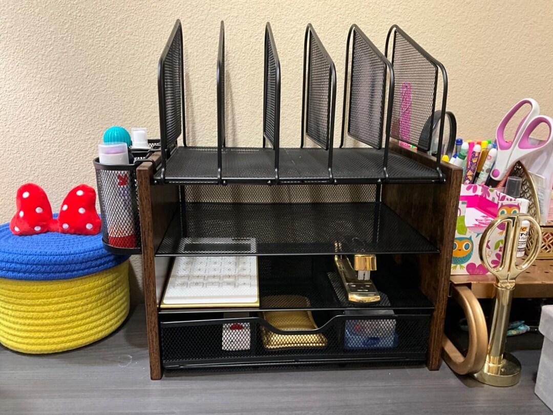 4 Tier Mesh Desk Organizer With Drawer – Wooden Office File Organizer ...