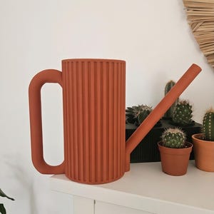 Puede incluir: Una regadera de color terracota con un cuerpo cilíndrico que presenta texturas acanaladas verticales, un asa grande en forma de C y un pico largo y delgado que se extiende diagonalmente desde el lado del recipiente.