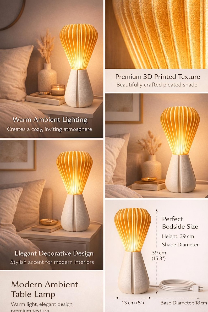 Pode incluir: Candeeiro de mesa ambiente moderno com abajur plissado e base branca. O candeeiro tem 39 cm de altura e um di&acirc;metro de base de 13 cm. O candeeiro proporciona ilumina&ccedil;&atilde;o quente e um design decorativo elegante.